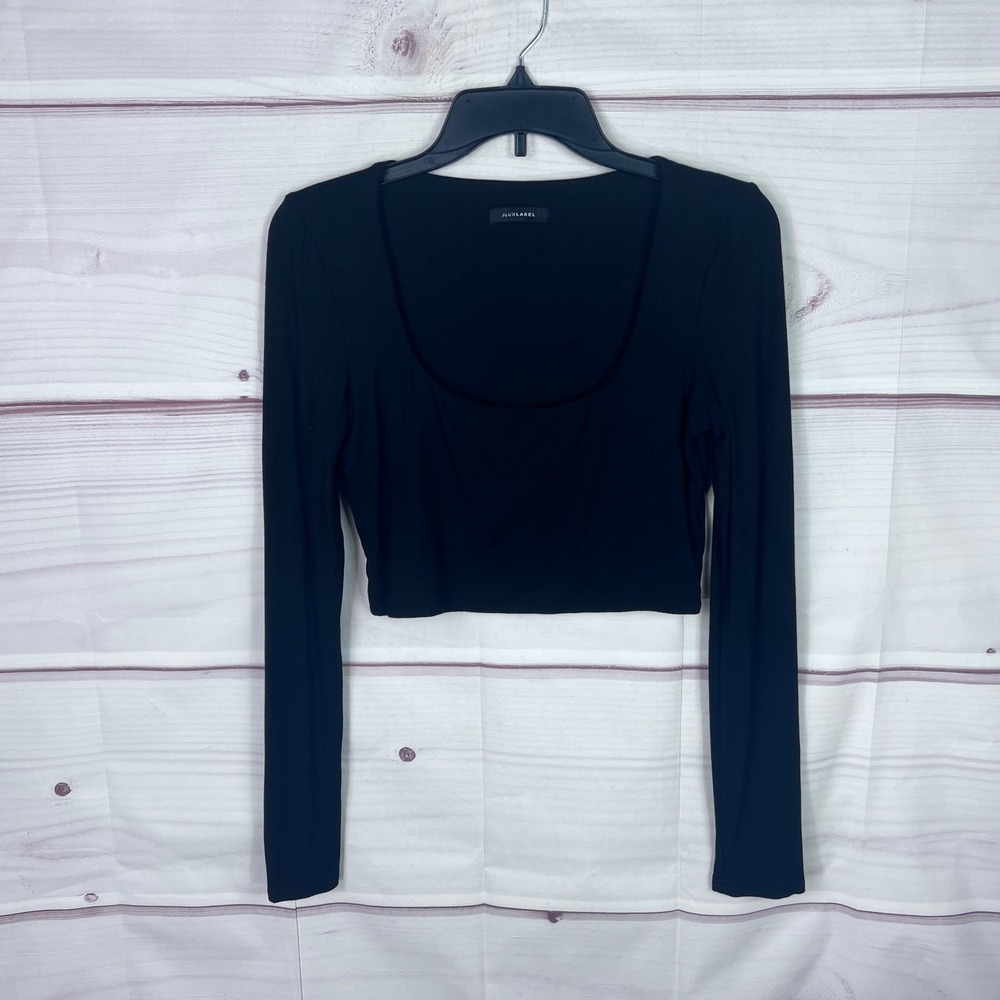 JLux Label Top Womens M Black Double Knit T-Shirt Cropped Long Sleeve Scoop Neck